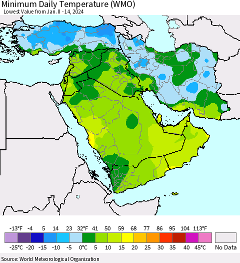 Middle East and Turkey Minimum Daily Temperature (WMO) Thematic Map For 1/8/2024 - 1/14/2024