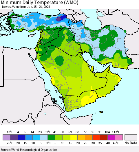 Middle East and Turkey Minimum Daily Temperature (WMO) Thematic Map For 1/15/2024 - 1/21/2024
