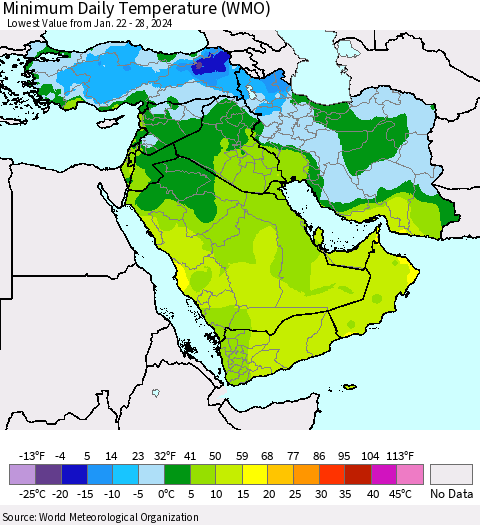Middle East and Turkey Minimum Daily Temperature (WMO) Thematic Map For 1/22/2024 - 1/28/2024