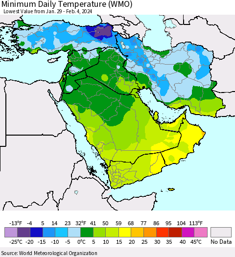 Middle East and Turkey Minimum Daily Temperature (WMO) Thematic Map For 1/29/2024 - 2/4/2024