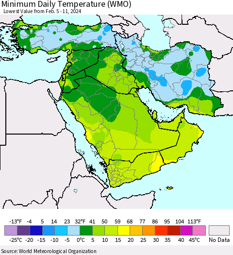 Middle East and Turkey Minimum Daily Temperature (WMO) Thematic Map For 2/5/2024 - 2/11/2024