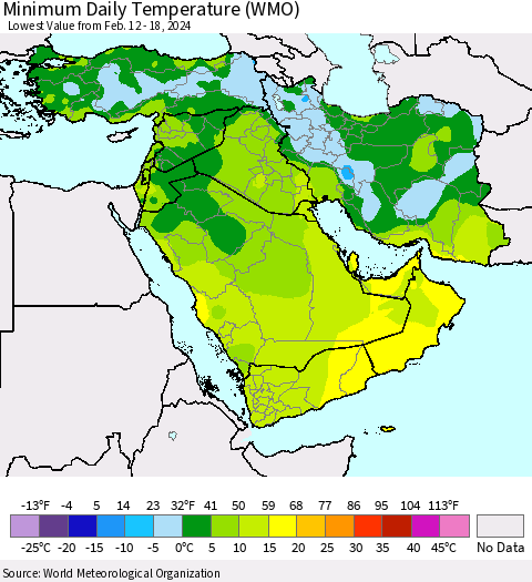 Middle East and Turkey Minimum Daily Temperature (WMO) Thematic Map For 2/12/2024 - 2/18/2024