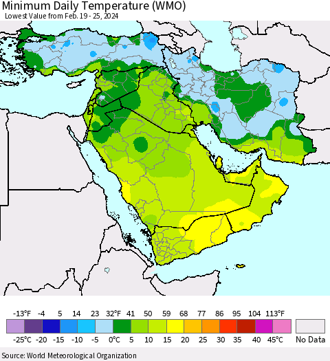 Middle East and Turkey Minimum Daily Temperature (WMO) Thematic Map For 2/19/2024 - 2/25/2024
