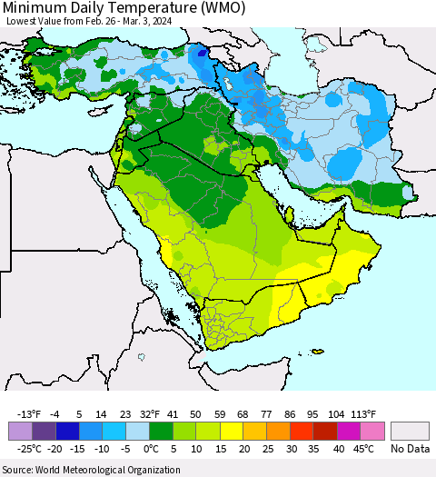 Middle East and Turkey Minimum Daily Temperature (WMO) Thematic Map For 2/26/2024 - 3/3/2024