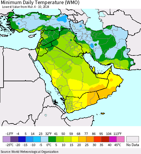 Middle East and Turkey Minimum Daily Temperature (WMO) Thematic Map For 3/4/2024 - 3/10/2024