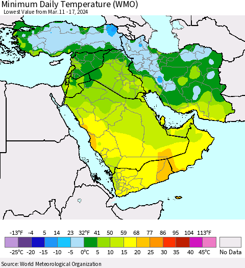 Middle East and Turkey Minimum Daily Temperature (WMO) Thematic Map For 3/11/2024 - 3/17/2024