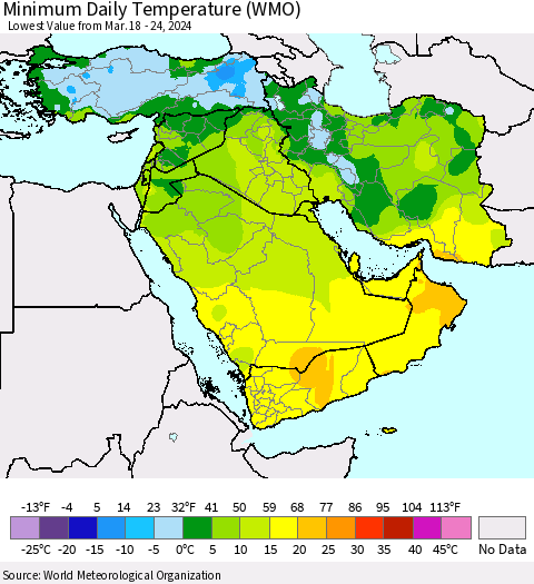 Middle East and Turkey Minimum Daily Temperature (WMO) Thematic Map For 3/18/2024 - 3/24/2024