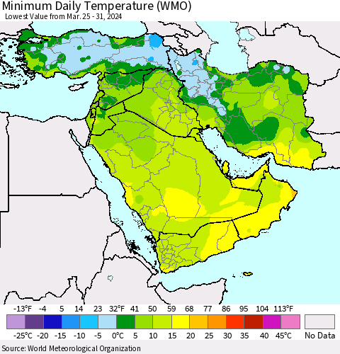 Middle East and Turkey Minimum Daily Temperature (WMO) Thematic Map For 3/25/2024 - 3/31/2024