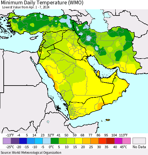 Middle East and Turkey Minimum Daily Temperature (WMO) Thematic Map For 4/1/2024 - 4/7/2024