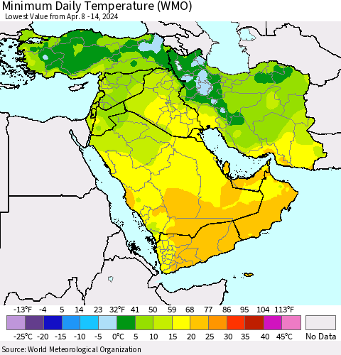 Middle East and Turkey Minimum Daily Temperature (WMO) Thematic Map For 4/8/2024 - 4/14/2024