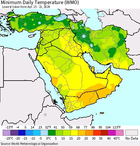 Middle East and Turkey Minimum Daily Temperature (WMO) Thematic Map For 4/15/2024 - 4/21/2024