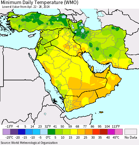 Middle East and Turkey Minimum Daily Temperature (WMO) Thematic Map For 4/22/2024 - 4/28/2024