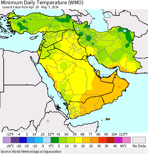Middle East and Turkey Minimum Daily Temperature (WMO) Thematic Map For 4/29/2024 - 5/5/2024