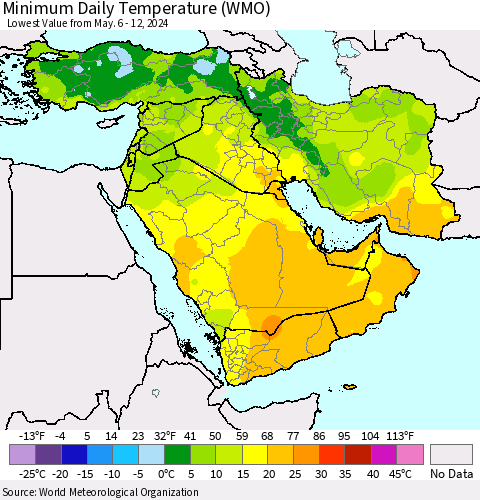 Middle East and Turkey Minimum Daily Temperature (WMO) Thematic Map For 5/6/2024 - 5/12/2024
