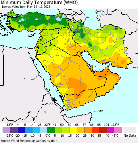 Middle East and Turkey Minimum Daily Temperature (WMO) Thematic Map For 5/13/2024 - 5/19/2024