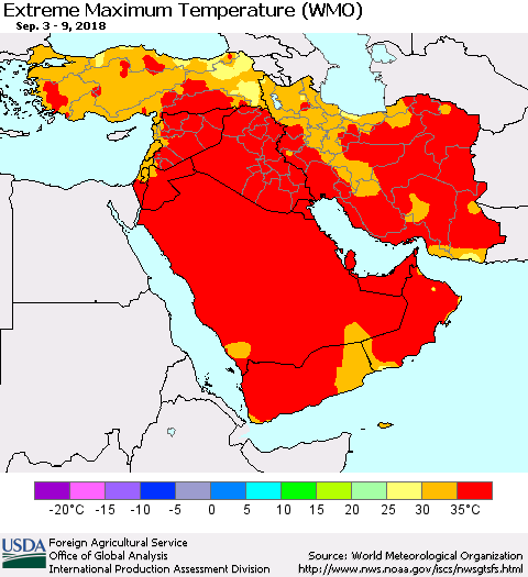 Middle East and Turkey Maximum Daily Temperature (WMO) Thematic Map For 9/3/2018 - 9/9/2018