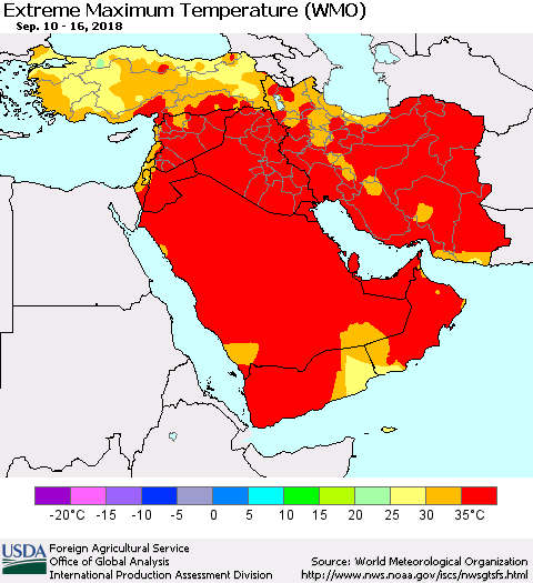 Middle East and Turkey Maximum Daily Temperature (WMO) Thematic Map For 9/10/2018 - 9/16/2018