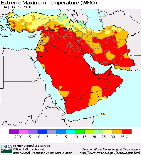 Middle East and Turkey Maximum Daily Temperature (WMO) Thematic Map For 9/17/2018 - 9/23/2018