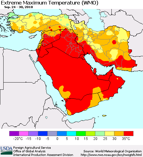 Middle East and Turkey Maximum Daily Temperature (WMO) Thematic Map For 9/24/2018 - 9/30/2018