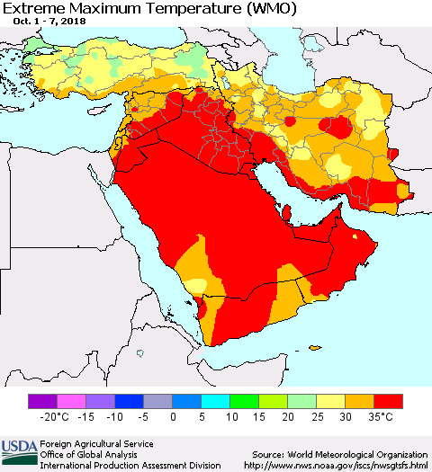 Middle East and Turkey Maximum Daily Temperature (WMO) Thematic Map For 10/1/2018 - 10/7/2018