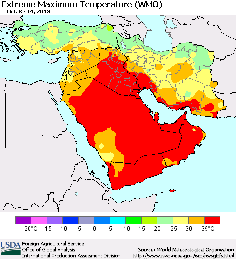 Middle East and Turkey Maximum Daily Temperature (WMO) Thematic Map For 10/8/2018 - 10/14/2018