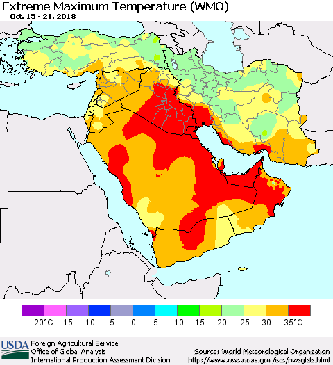 Middle East and Turkey Maximum Daily Temperature (WMO) Thematic Map For 10/15/2018 - 10/21/2018