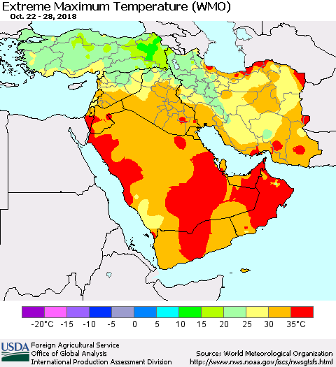 Middle East and Turkey Maximum Daily Temperature (WMO) Thematic Map For 10/22/2018 - 10/28/2018