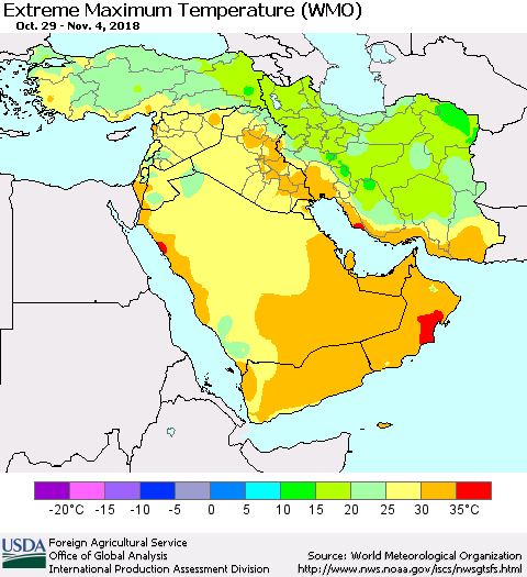 Middle East and Turkey Maximum Daily Temperature (WMO) Thematic Map For 10/29/2018 - 11/4/2018