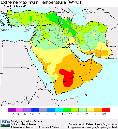 Middle East and Turkey Maximum Daily Temperature (WMO) Thematic Map For 11/5/2018 - 11/11/2018