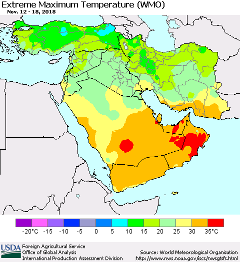 Middle East and Turkey Maximum Daily Temperature (WMO) Thematic Map For 11/12/2018 - 11/18/2018