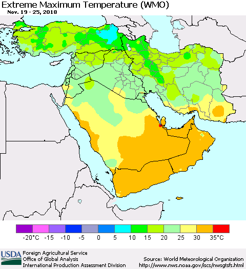 Middle East and Turkey Maximum Daily Temperature (WMO) Thematic Map For 11/19/2018 - 11/25/2018