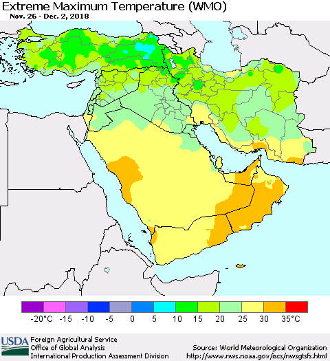 Middle East and Turkey Maximum Daily Temperature (WMO) Thematic Map For 11/26/2018 - 12/2/2018
