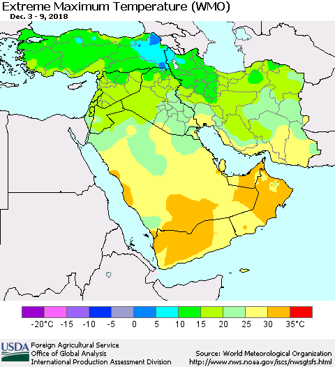 Middle East and Turkey Maximum Daily Temperature (WMO) Thematic Map For 12/3/2018 - 12/9/2018
