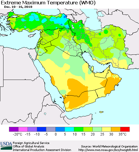 Middle East and Turkey Maximum Daily Temperature (WMO) Thematic Map For 12/10/2018 - 12/16/2018