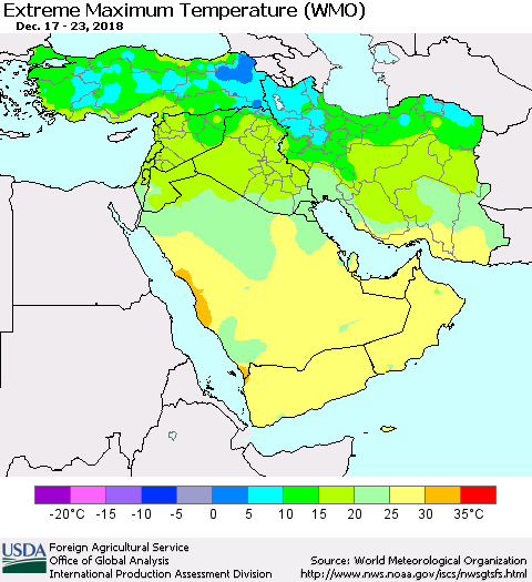 Middle East and Turkey Maximum Daily Temperature (WMO) Thematic Map For 12/17/2018 - 12/23/2018