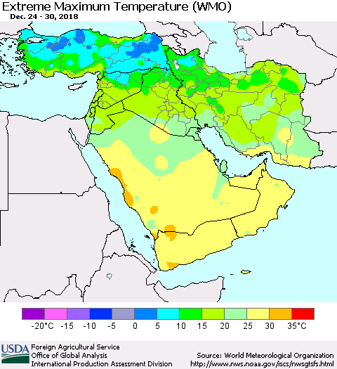 Middle East and Turkey Maximum Daily Temperature (WMO) Thematic Map For 12/24/2018 - 12/30/2018
