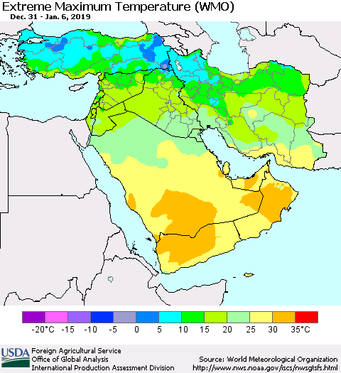 Middle East and Turkey Maximum Daily Temperature (WMO) Thematic Map For 12/31/2018 - 1/6/2019
