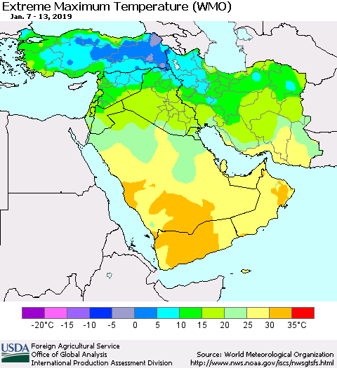 Middle East and Turkey Maximum Daily Temperature (WMO) Thematic Map For 1/7/2019 - 1/13/2019