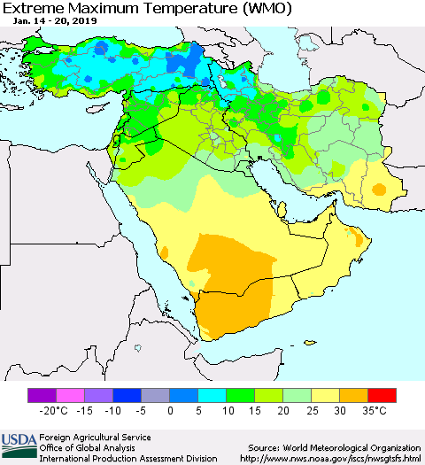 Middle East and Turkey Maximum Daily Temperature (WMO) Thematic Map For 1/14/2019 - 1/20/2019