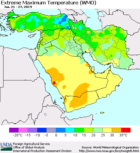 Middle East and Turkey Maximum Daily Temperature (WMO) Thematic Map For 1/21/2019 - 1/27/2019