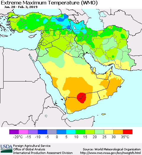 Middle East and Turkey Maximum Daily Temperature (WMO) Thematic Map For 1/28/2019 - 2/3/2019
