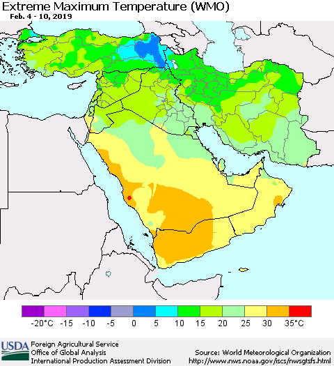 Middle East and Turkey Maximum Daily Temperature (WMO) Thematic Map For 2/4/2019 - 2/10/2019