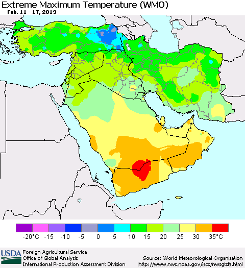 Middle East and Turkey Maximum Daily Temperature (WMO) Thematic Map For 2/11/2019 - 2/17/2019