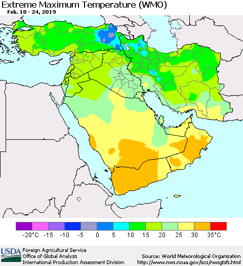 Middle East and Turkey Maximum Daily Temperature (WMO) Thematic Map For 2/18/2019 - 2/24/2019