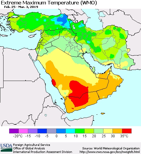 Middle East and Turkey Maximum Daily Temperature (WMO) Thematic Map For 2/25/2019 - 3/3/2019