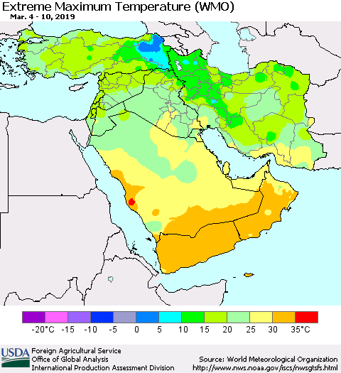 Middle East and Turkey Maximum Daily Temperature (WMO) Thematic Map For 3/4/2019 - 3/10/2019