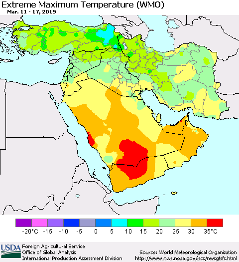 Middle East and Turkey Maximum Daily Temperature (WMO) Thematic Map For 3/11/2019 - 3/17/2019