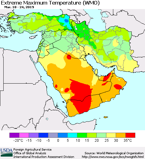 Middle East and Turkey Maximum Daily Temperature (WMO) Thematic Map For 3/18/2019 - 3/24/2019