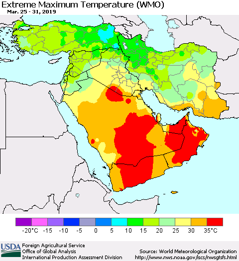 Middle East and Turkey Maximum Daily Temperature (WMO) Thematic Map For 3/25/2019 - 3/31/2019