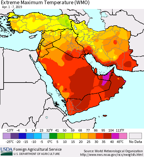 Middle East and Turkey Maximum Daily Temperature (WMO) Thematic Map For 4/1/2019 - 4/7/2019